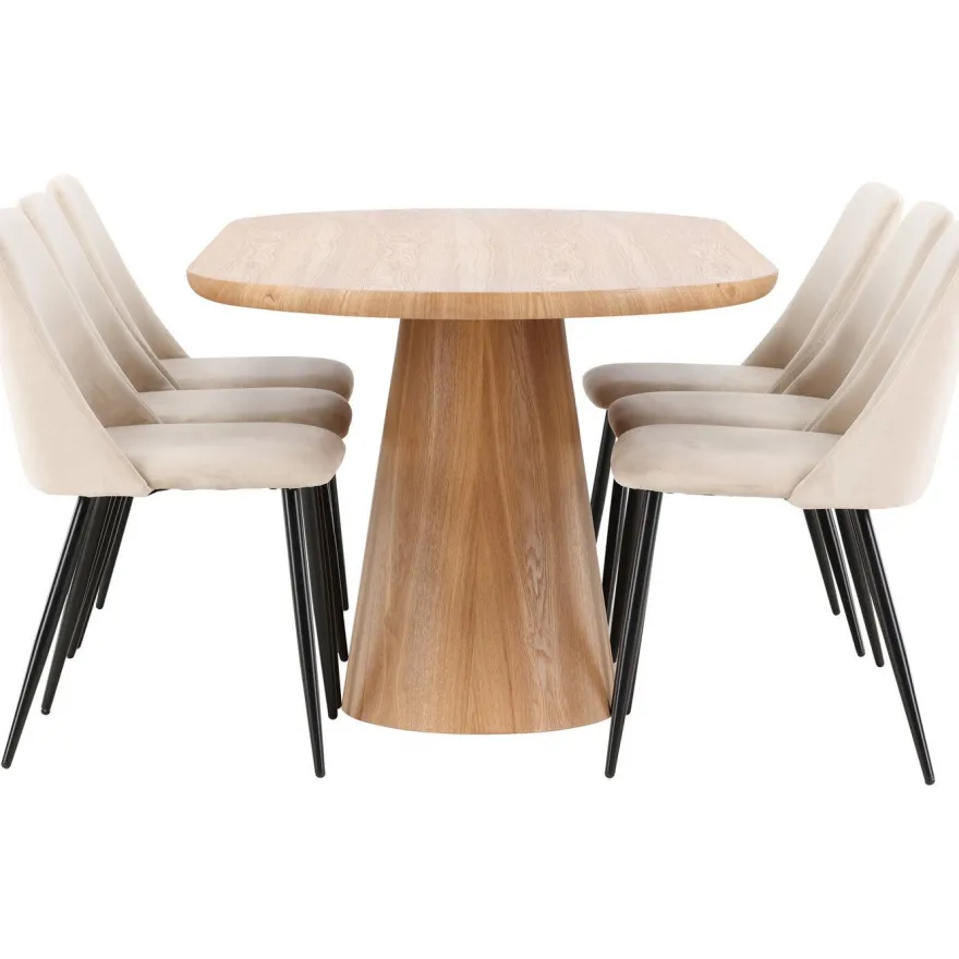 Soikea ruokailuryhmä Venture Home, 200x90cm ruskea Stjärnö-pöytä + 6 beigeä Night-tuolia, sametti