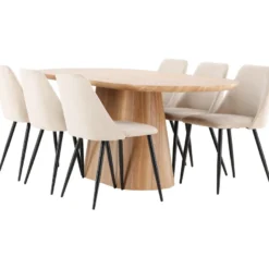 Soikea ruokailuryhmä Venture Home, 200x90cm ruskea Stjärnö-pöytä + 6 beigeä Night-tuolia, sametti