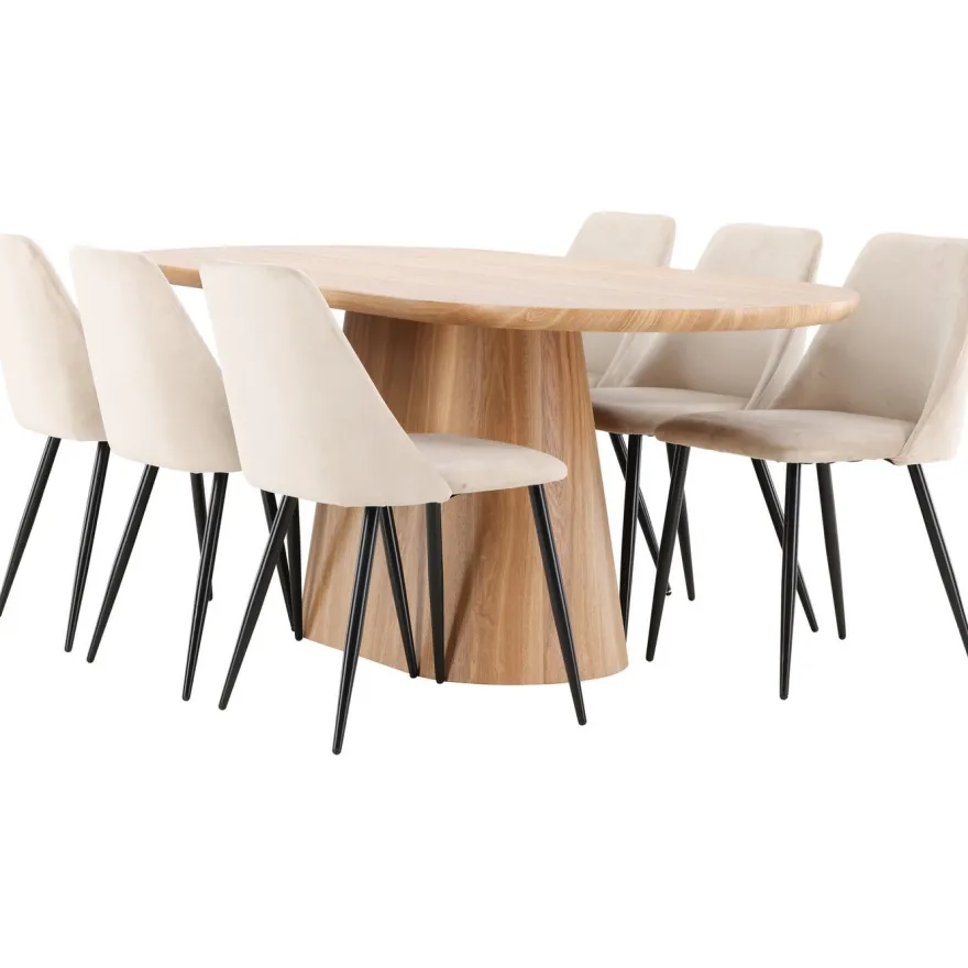 Soikea ruokailuryhmä Venture Home, 200x90cm ruskea Stjärnö-pöytä + 6 beigeä Night-tuolia, sametti