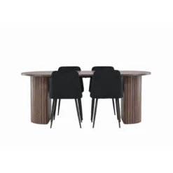 Soikea ruokailuryhmä Venture Home, 200x90cm mokanruskea Härön-pöytä + 4 mustaa Night-tuolia, sametti