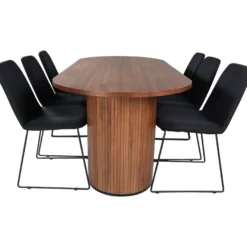 Soikea ruokailuryhmä Venture Home, 200x90cm pähkinänruskea Bianca-pöytä + 6 mustaa Muce-tuolia