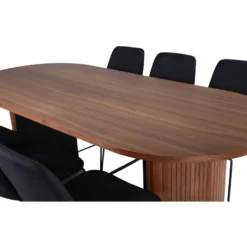 Soikea ruokailuryhmä Venture Home, 200x90cm pähkinänruskea Bianca-pöytä + 6 mustaa Muce-tuolia