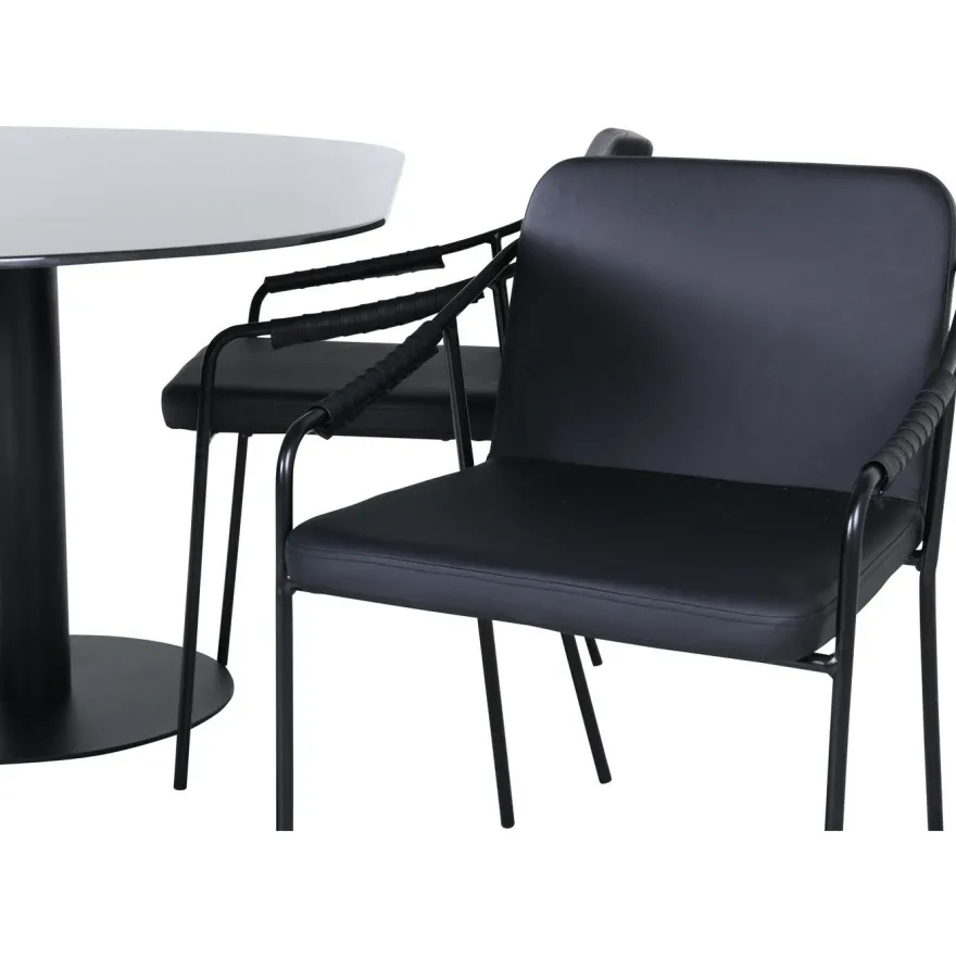 Soikea ruokailuryhmä Venture Home, 180x100cm musta Pillan-pöytä + 4 mustaa Tvist-tuolia, keinonahka