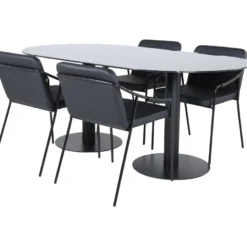 Soikea ruokailuryhmä Venture Home, 180x100cm musta Pillan-pöytä + 4 mustaa Tvist-tuolia, keinonahka