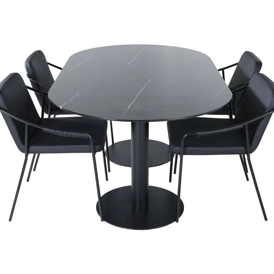Soikea ruokailuryhmä Venture Home, 180x100cm musta Pillan-pöytä + 4 mustaa Tvist-tuolia, keinonahka