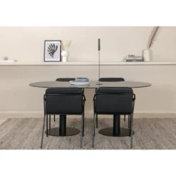 Soikea ruokailuryhmä Venture Home, 180x100cm musta Pillan-pöytä + 4 mustaa Tvist-tuolia, keinonahka