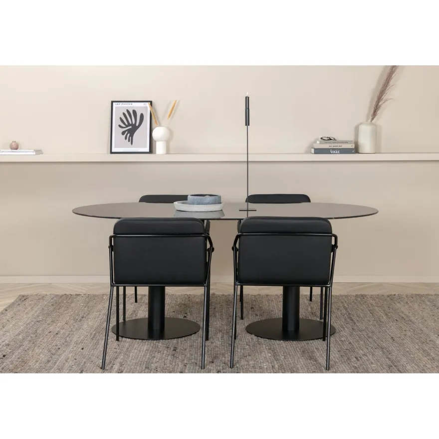 Soikea ruokailuryhmä Venture Home, 180x100cm musta Pillan-pöytä + 4 mustaa Tvist-tuolia, keinonahka