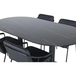 Soikea ruokailuryhmä Venture Home, 180x100cm musta Pillan-pöytä + 4 mustaa Tvist-tuolia, keinonahka