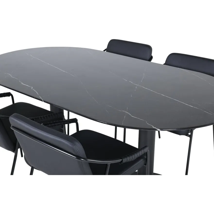 Soikea ruokailuryhmä Venture Home, 180x100cm musta Pillan-pöytä + 4 mustaa Tvist-tuolia, keinonahka