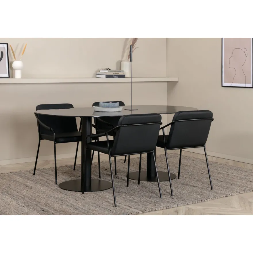 Soikea ruokailuryhmä Venture Home, 180x100cm musta Pillan-pöytä + 4 mustaa Tvist-tuolia, keinonahka