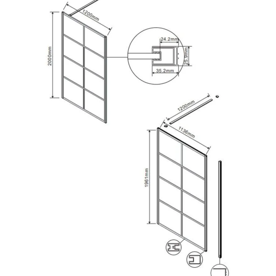 Suihkuseinä Lavabo Walk In, mattamusta profiili, kaksi paneelia, eri kokoja