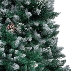 Tekojoulukuusi LED-valoilla, palloilla, lumella ja kävyillä, vihreä, eri kokoja