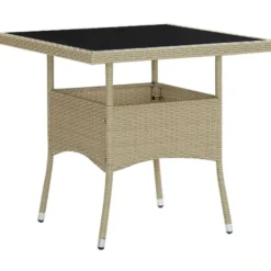 Ulkoruokapöytä lasi ja beige polyrottinki