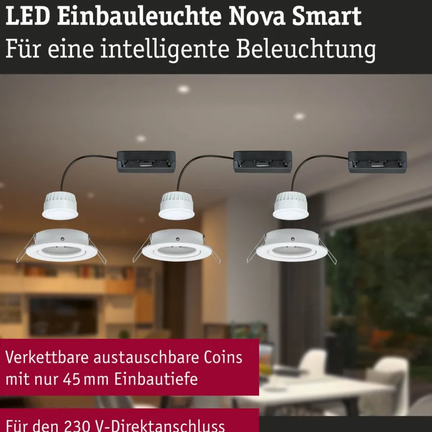 Upotettava LED-valaisin Paulmann Nova Coin, pyöreä, 84mm, 50°, säädettävä värilämpötila, 3x6W, 3x500lm, 230V, alumiini, mattavalkoinen, Verkkokaupan poistotuote