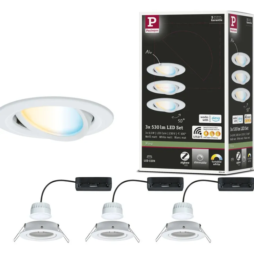 Upotettava LED-valaisin Paulmann Nova Coin, pyöreä, 84mm, 50°, säädettävä värilämpötila, 3x6W, 3x500lm, 230V, alumiini, mattavalkoinen, Verkkokaupan poistotuote
