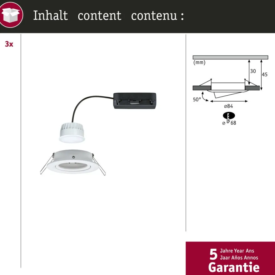 Upotettava LED-valaisin Paulmann Nova Coin, pyöreä, 84mm, 50°, säädettävä värilämpötila, 3x6W, 3x500lm, 230V, alumiini, mattavalkoinen, Verkkokaupan poistotuote