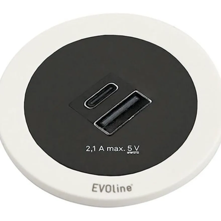 USB-latauslaite Savo Evoline ONE, USB-A ja -C, musta/valkoinen/rst
