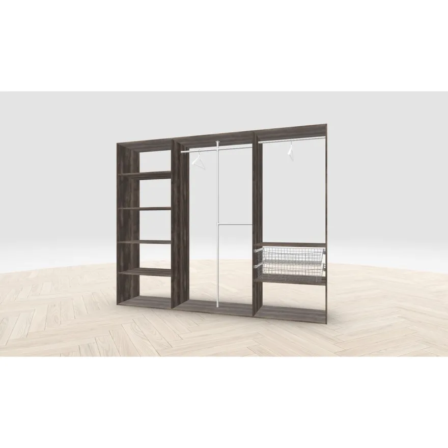 Vaatehuoneen kaapisto Mirror Line, leveä I-malli hyllyillä, koreilla ja vaatetangoilla, 2600x2100x510mm, eri värejä