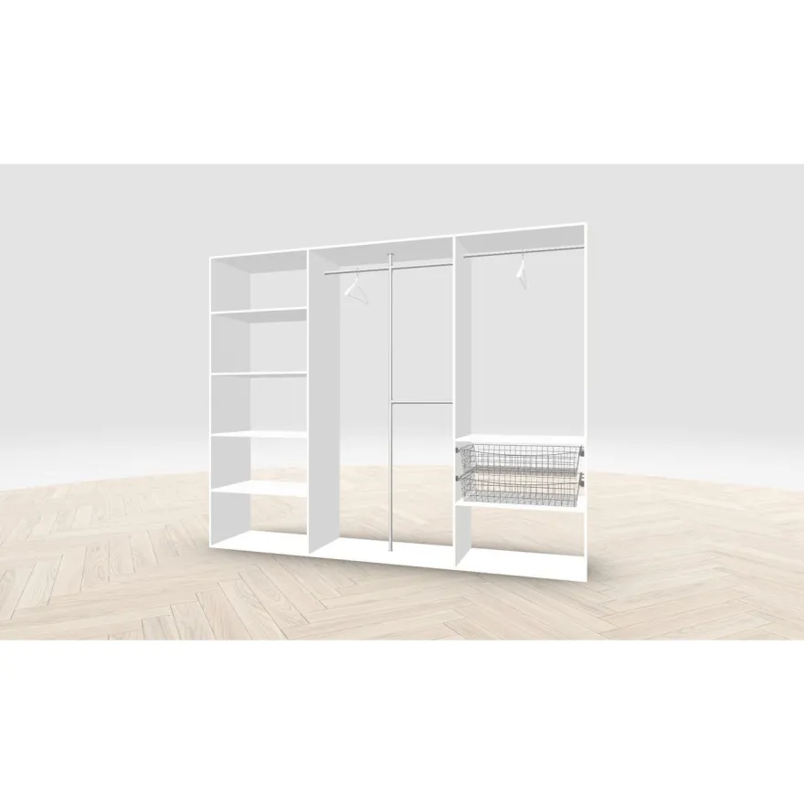 Vaatehuoneen kaapisto Mirror Line, leveä I-malli hyllyillä, koreilla ja vaatetangoilla, 2600x2100x510mm, eri värejä