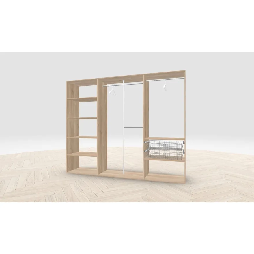 Vaatehuoneen kaapisto Mirror Line, leveä I-malli hyllyillä, koreilla ja vaatetangoilla, 2600x2100x510mm, eri värejä
