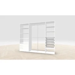 Vaatehuoneen kaapisto Mirror Line, leveä I-malli laatikoilla, koreilla ja vaatetangoilla, 2600x2100x510mm, eri värejä