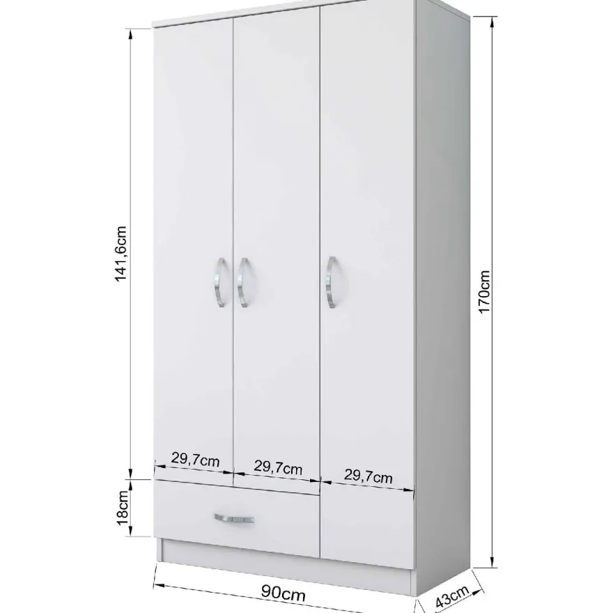 Vaatekaappi Linento Furniture BA102 1867, 90cm, valkoinen