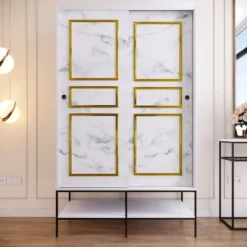 Vaatekaappi liukuovilla Linento Furniture Martin, 120cm, valkoinen marmori/kulta