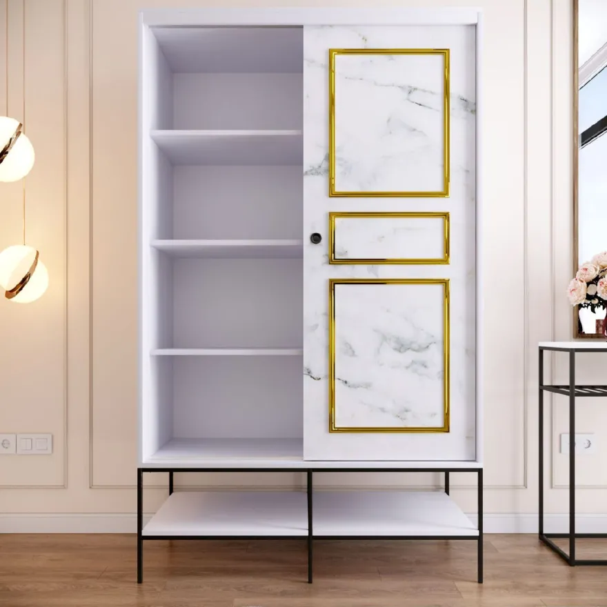 Vaatekaappi liukuovilla Linento Furniture Martin, 120cm, valkoinen marmori/kulta