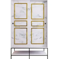 Vaatekaappi liukuovilla Linento Furniture Martin, 120cm, valkoinen marmori/kulta