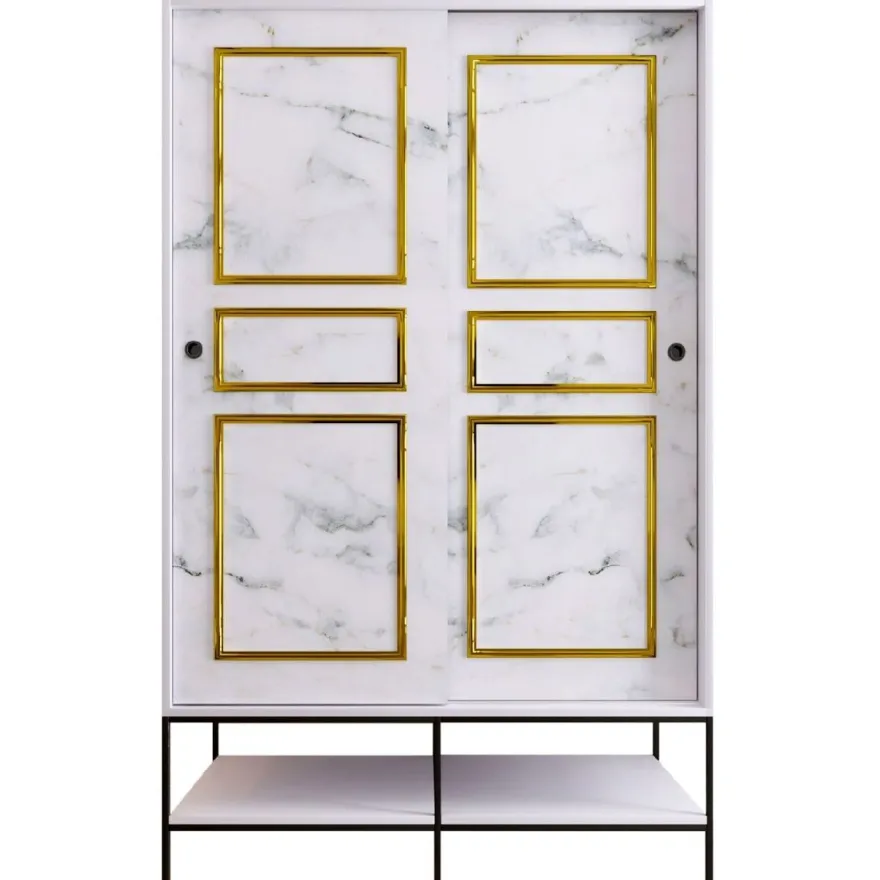 Vaatekaappi liukuovilla Linento Furniture Martin, 120cm, valkoinen marmori/kulta