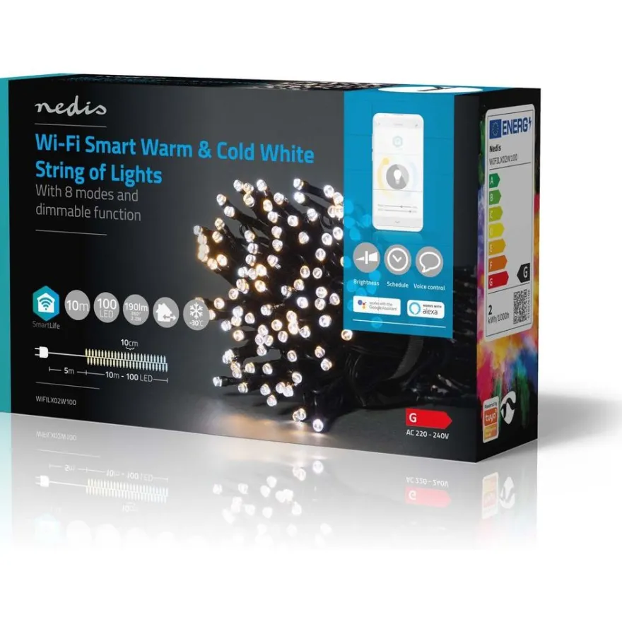 Valoketju Nedis SmartLife Wifi LED, 10m, 100-lamppua, lämmin-/kylmävalkoinen