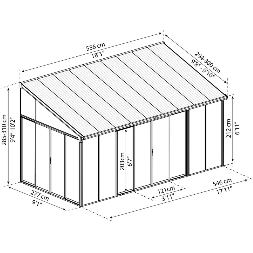 Viherhuone Palram-Canopia SanRemo Veranda, 16.3m², 3x5.46ft, harmaa