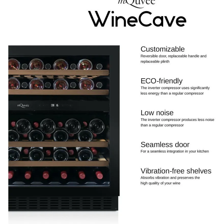 Viinikaappi mQuvée WineCave 780 30D, 29.5cm, 2 lämpötila-aluetta, integroitava, musta